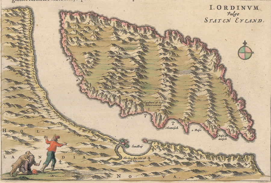 Authentic Antique Map: I. Ordinum Vulgo Staten Eyland  Map Maker: Willem Blaeu  Date: 1665 (Published) Amsterdam  Dimensions: 6.7 x 9.8 inches (17 cm x 24.9 cm) 