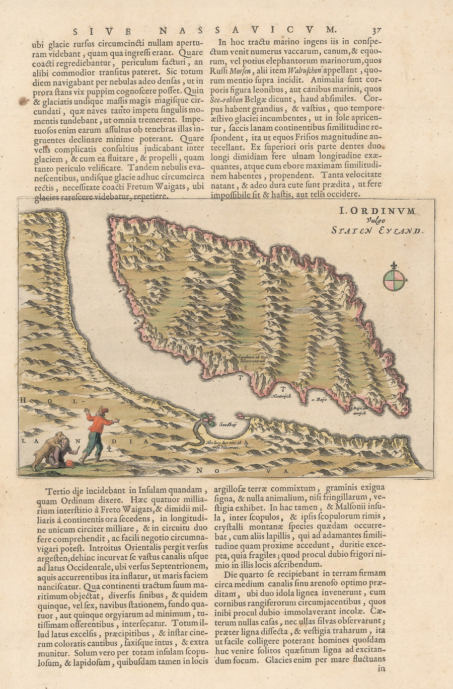 Authentic Antique Map: I. Ordinum Vulgo Staten Eyland  Map Maker: Willem Blaeu  Date: 1665 (Published) Amsterdam  Dimensions: 6.7 x 9.8 inches (17 cm x 24.9 cm) 