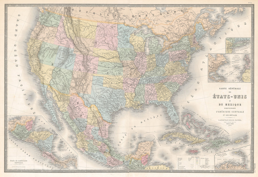 Authentic Antique Map of the United States:  Carte Generale des Etats-Unis et du Mexique comprenant L’Amerique Centrale et Les Antilles  Map Maker: E. Andriveau-Coujon  Date: 1875 (dated) Paris 