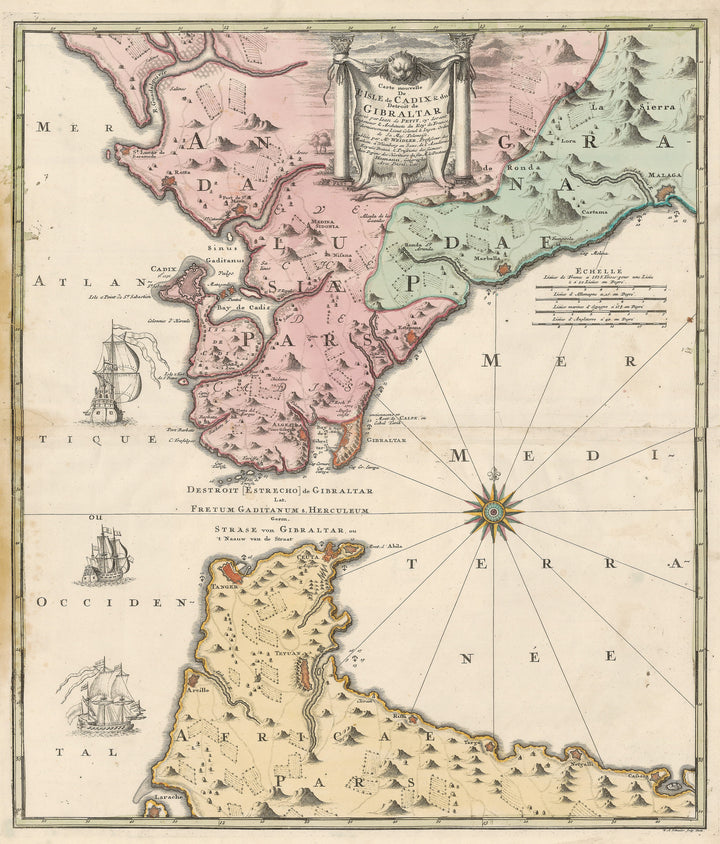 Authentic Antique Map of the Strait of Gibraltar:  Carte Nouvelle de l'Isle de Cadix & du Detroit de Gibraltar  Map Maker: Homann Heirs  Date: 1730 (dated) Nuremberg  Dimensions: 22.5 x 19 inches (57.2 x 48.25 cm) 