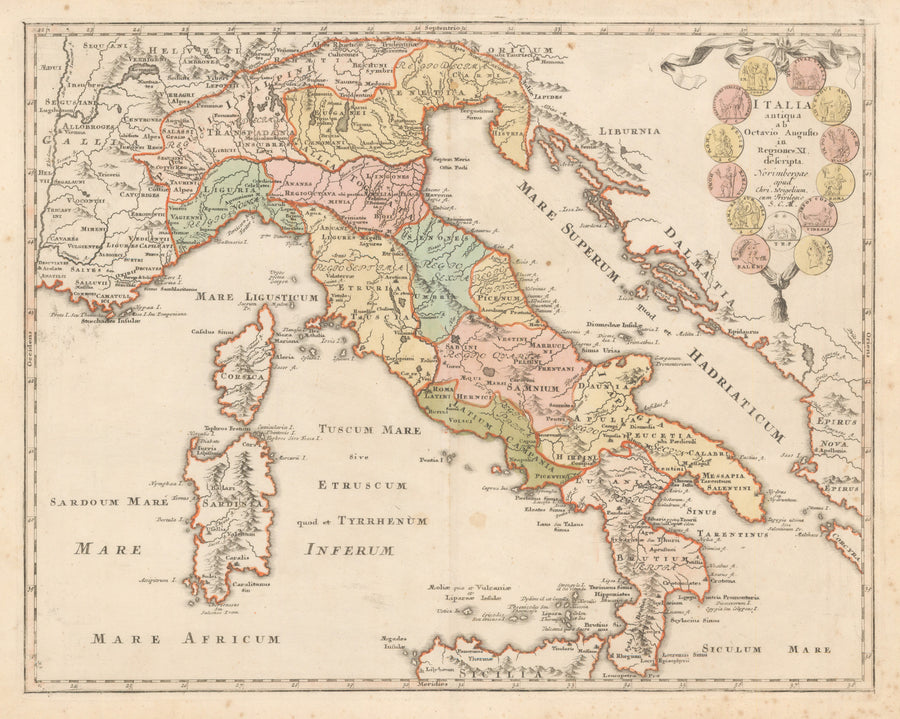 Italia antiqua ab Octavio Augufto in Regiones XI descripta By: Weigel Date: 1720 (published) Nuremberg Size: 12.25 x 15.75 inches - Antique, Vintage, Italy
