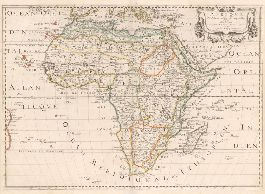 Authentic Antique Map of Africa: Afrique Par N. Sanson d'Abbeville, Geog. du Roy A Paris, Date: 1650 (dated) Paris, Dimensions: 15.5 x 21.75 inches (39.4 x 55.2 cm)