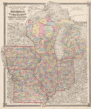 1875 County Map of Michigan and Wisconsin, Indiana, Illinois, Iowa and Missouri.