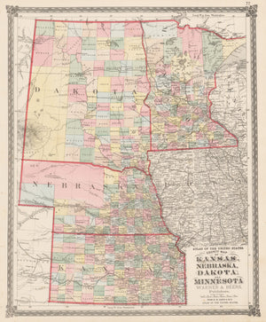 nwcartographic.com : County Map of Kansas, Nebraska, Dakota, and Minnesota.  By: Warner & Beers  Date: 1875 (Published) Chicago  Dimensions: 17.5 x 14.5 inches (44.5 cm x 36.8 cm) 