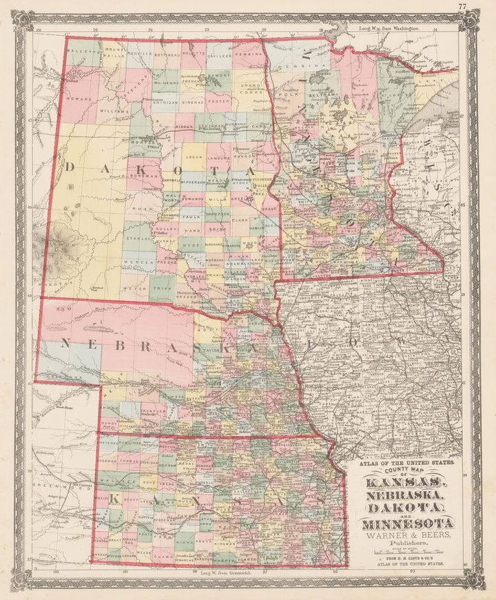 nwcartographic.com : County Map of Kansas, Nebraska, Dakota, and Minnesota.  By: Warner & Beers  Date: 1875 (Published) Chicago  Dimensions: 17.5 x 14.5 inches (44.5 cm x 36.8 cm) 