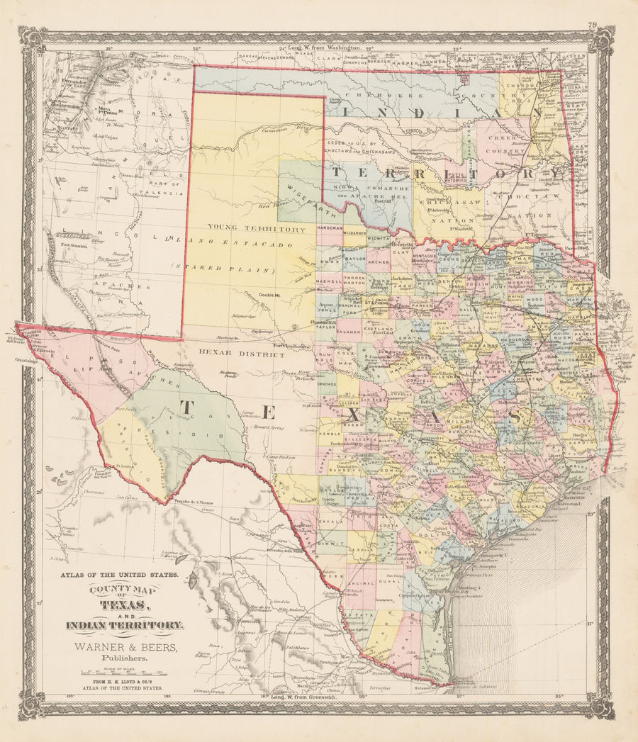 1875 County Map of Texas and Indian Territory