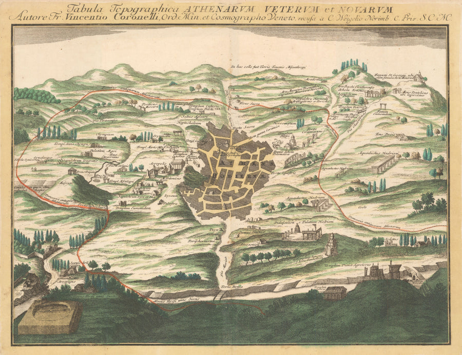 1718 Tabula topographica Athenarum Veterum et Novarum Autore Fr. Vincentio Coronelli, Ord. Min. et Cosmographo Veneto, recusa a C. Weigelio Norimb. C. Priv. SCM