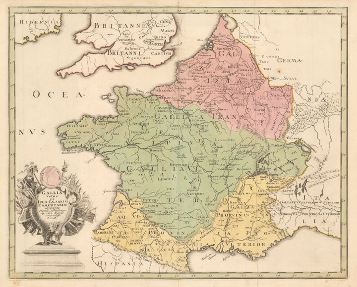 Gallia Vetus ex Iulii Caesaris Comentariis By: Weigel Date: 1718 (Published) Nuremberg Size: 12 x 15.25 inches  - Antique, Vintage, France, Belgium, Caesar 		