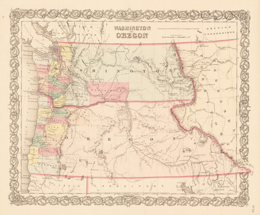 Antique, Vintage, Rare, map of Washington and Oregon by Colton 1856