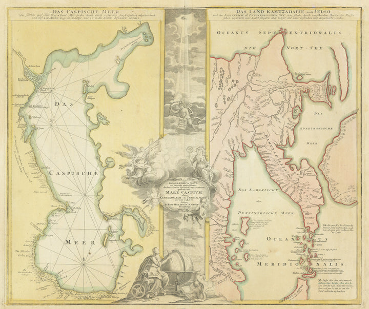 Geographica Nova ex Orient Gratiosissima, diabus tabulis specialissimis contenta… Antique Map of the Caspian Sea, northeastern Russia and Kamchatka By: Homann Date: 1730 