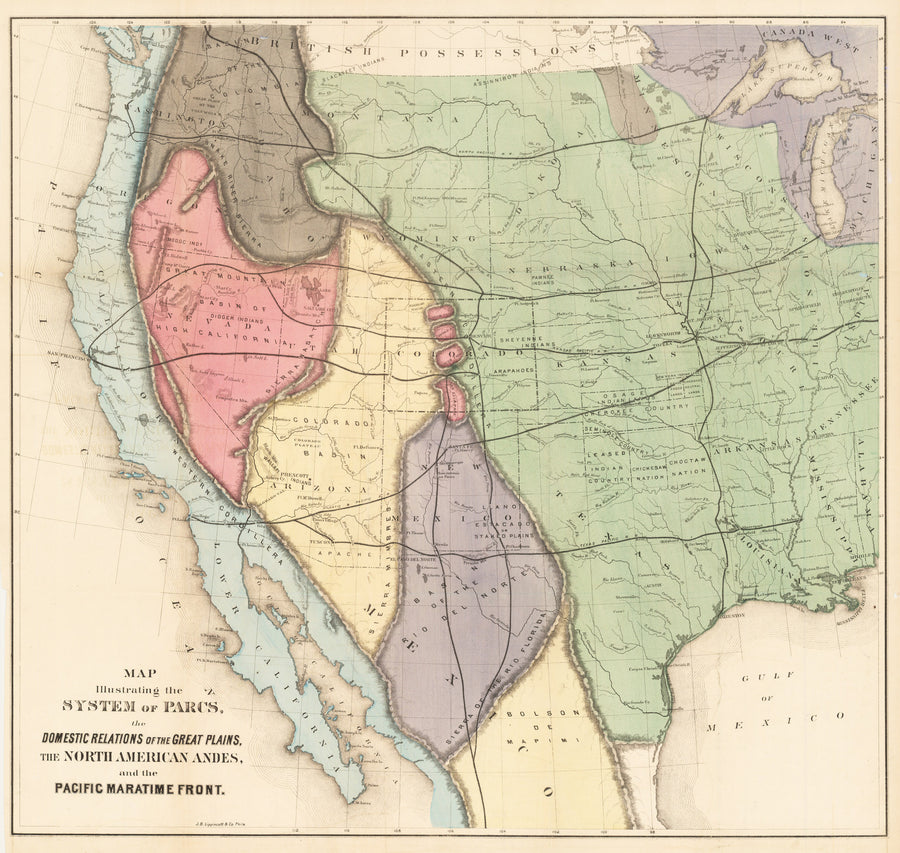 1873 Map Illustrating the System of Parcs, the Domestic Relations of the Great Plains, the North American Andes, and the Pacific Maritime Front