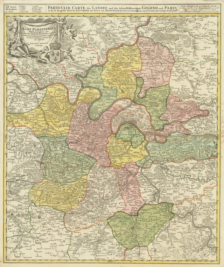 1707 Agri Parisiensis. Tabula particularis, qua maxima Pars Insulæ Franciæ, seu Regiæ celeberrimæque Parisiorum Urbic vicinia Regio in suas Castellanias accurate divisa exhibetur a Ioh. Bapt. Homanno