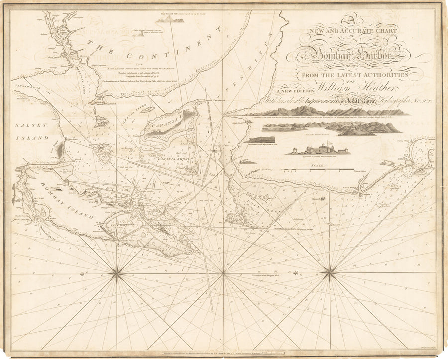 1820 A New and Accurate Chart of Bombay Harbor drawn from the latest authorities for William Heather. A new edition, With considerable Improvements by J. W. Norie, Hydrographer, &c.