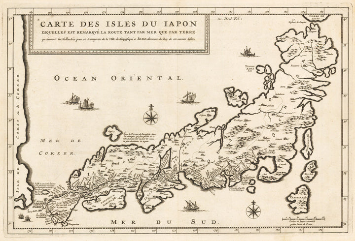 Carte Des Isles Du Iapon Esquelles Est Remarque La Route Tant Par Mer Que Par Terre By: Jean Baptiste Tavernier Date: 1692 - Authentic Antique map of Japan