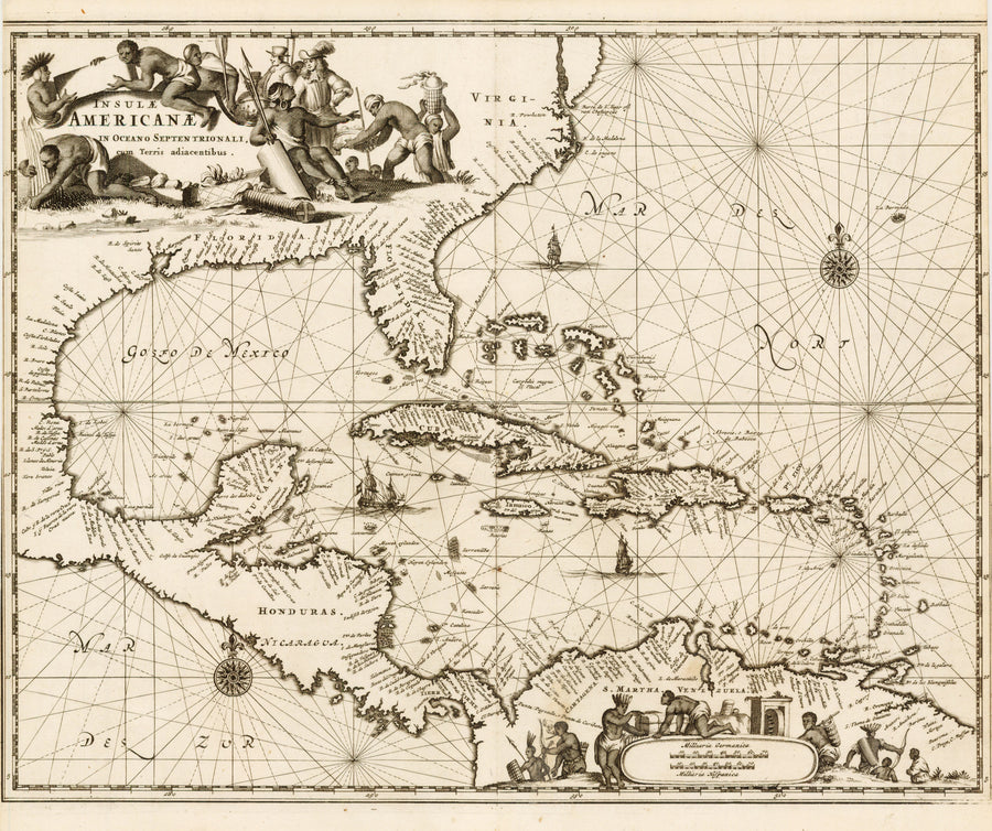 Insulae Americanae in Oceano Septentrionali cum Terris adiacentibus By: John Ogilby 1671  - Authentic, Rare, Antique, Vintage, Map of the Caribbean, Florida, Mexico, etc.