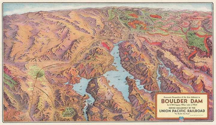 1938 Panoramic Perspective of the Area Adjacent to Hoover Dam As It Will Appear When Dam is Completed -- Served Exclusively By The Union Pacific Railroad…