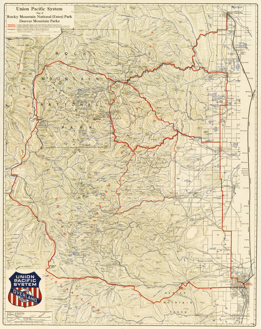 1921 Union Pacific System Map of Rocky Mountain National (Estes) Park Denver Mountain Parks