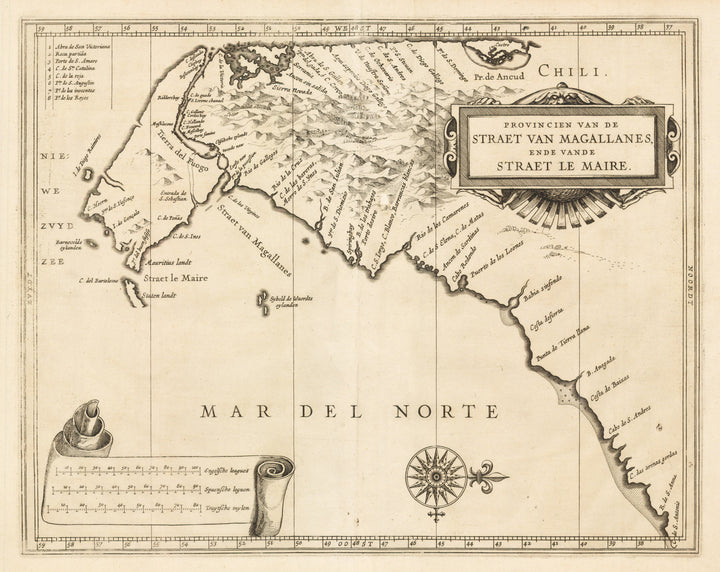 Provincien Van De Straet Van Magallanes, Ende Vande Straet Le Maire By: De Laet Date: 1630 Size: 11 x 14 in - Antique Map of Argentina, Chile, Terra Del Fuego