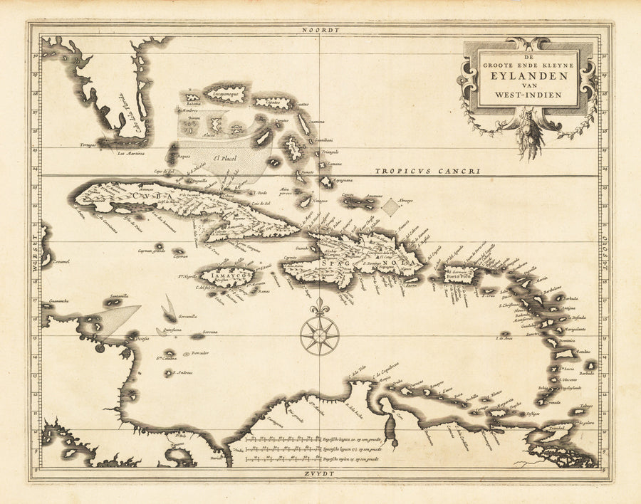 De Groote Ende Kleyne Eylanden Van West-Indien By: De Laet Date: 1630 Size: 11 x 14 inches - Authentic antique map of the Caribbean, 17th century