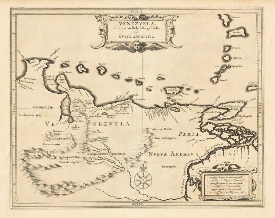 Venezuela ende het Vestelyckste gedeelte van Nveva Andalusia By: De Laet Date: 1630 Size: 11 x 14 inches - Antique Map of Venezuela and the Lesser Antilles