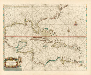 Antique Map of the Caribbean : Pascaerte vande Caribische Eylanden, vande Barbados tot Aende Bocht van Mexico By: Henrick Doncker Date: 1659 17.2 x 21.5 inches 