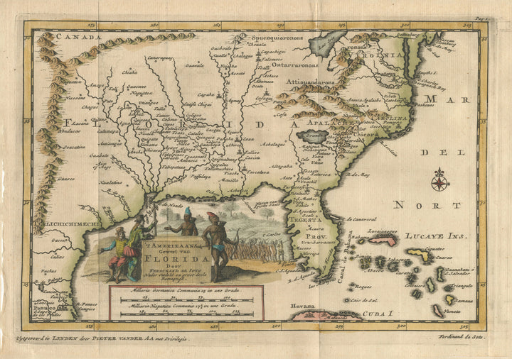  Amerikaans Gewest van Florida Door Ferdinand de Soto By: Van Der Aa Date: 1707 (Published) Leiden Size:  6 x 9 in - antique, map, Florida, Mississippi, South 