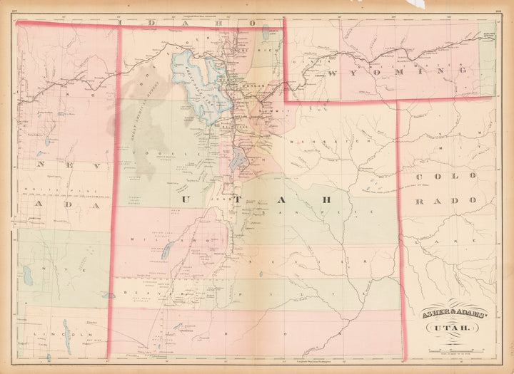 Asher & Adams Utah 1873 (Published) New York Size: 16 x 22.5 inches (40.6 cm x 57 cm) - Authentic, Rare, Antique, Vintage, Map of Utah