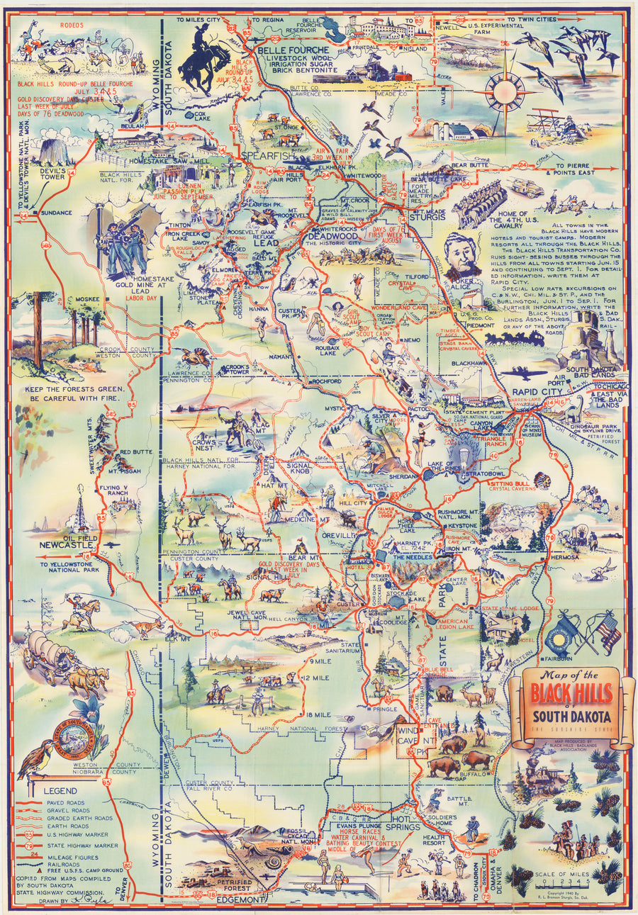 Map of the Black Hills of South Dakota the Sunshine State By: R. L. Bronson Date: 1940 (copyright) Sturgis, S.D. Size 26 x 18 inches (66 cm x 44.7 cm)