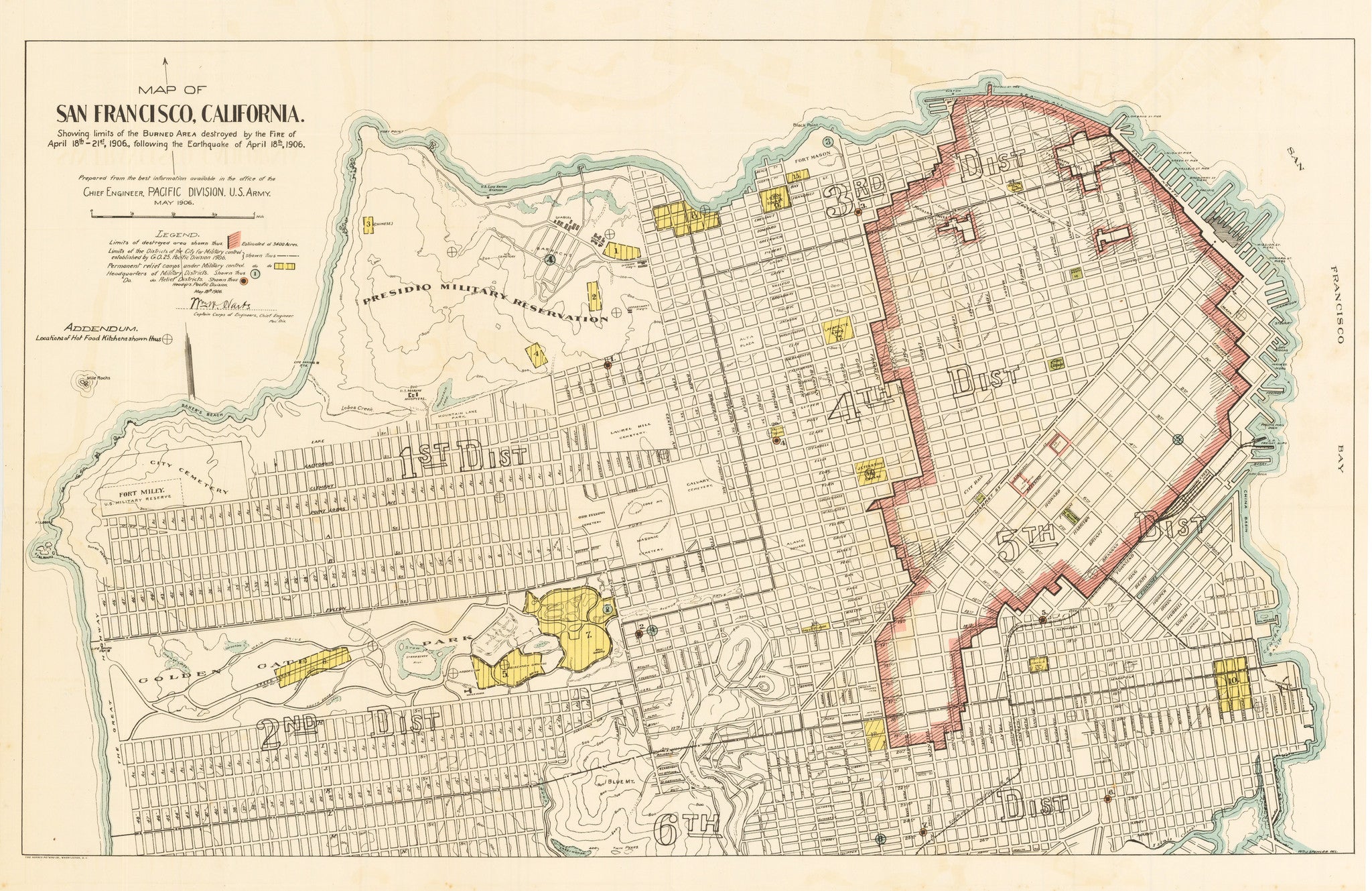 1906 Map of San Francisco, California. Showing limits of the Burned Area  destroyed by the Fire of April 18th-21st, 1906, following the Earthquake of 