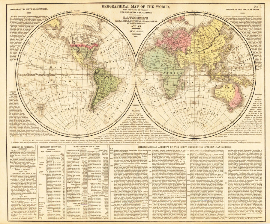 1821 GEOGRAPHICAL MAP OF THE WORLD, with the traces of the most Celebrated Navigators, for the Elucidation of Lavoisne's Genealogical, Historical, Chronological, and Geographical Atlas.
