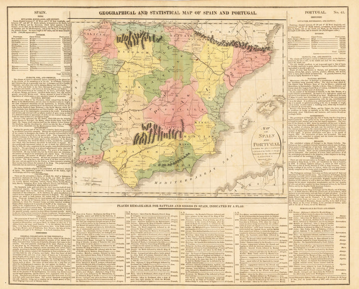 GEOGRAPHICAL/STATISTICAL MAP OF SPAIN AND PORTUGAL ... By: Gros, Lavoisne Date: 1821 (Published) Philadelphia Size: 16.5 x 20 in : Authentic, Spain, Portugal 