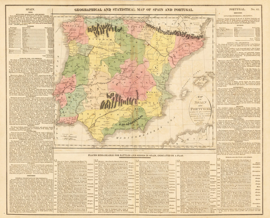 GEOGRAPHICAL/STATISTICAL MAP OF SPAIN AND PORTUGAL ... By: Gros, Lavoisne Date: 1821 (Published) Philadelphia Size: 16.5 x 20 in : Authentic, Spain, Portugal 