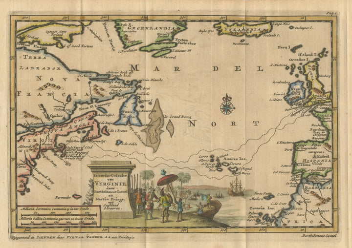 't Noorder Gedeelte van Virginie door Bartholomeus ... By: Van Der Aa Date: 1707 (Published) Leiden Size: 6.5 x 9 in - Antique, Map, Atlantic, America, Europe