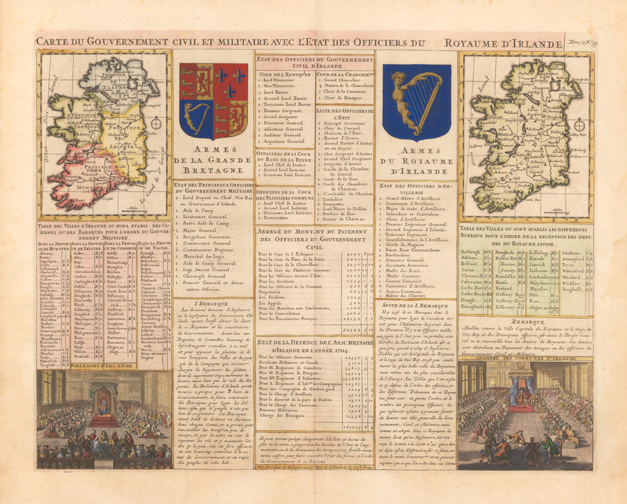 1708 Carte du Gouvernement Civil et Militaire avec L'Etat des Officiers du Royaume d'Irlande