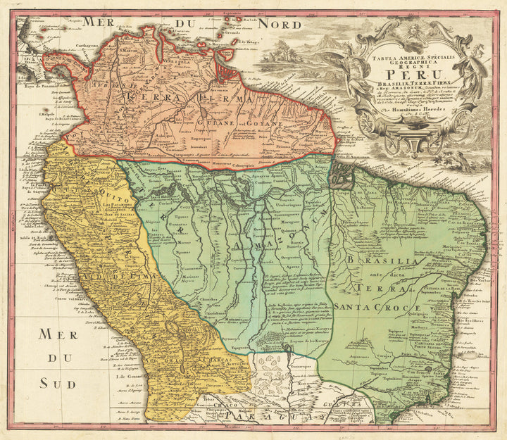 1733 Tabula Americae Specialis Geographica Regni Peru, Brasiliae, Terrae Firmae et Reg. Amazonum; Secundum relationes de Herrera