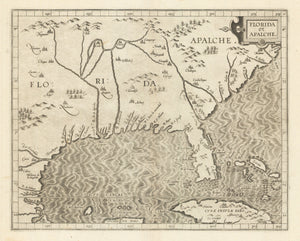 Florida et Apalche By: Cornelis van Wytfliet 1597 (Published) Leuven 9 x 12 inches - 16th Century Map of Florida, Authentic, Antique, Rare, Woodblock, Maps