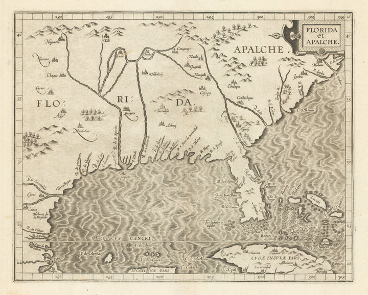 Florida et Apalche By: Cornelis van Wytfliet 1597 (Published) Leuven 9 x 12 inches - 16th Century Map of Florida, Authentic, Antique, Rare, Woodblock, Maps