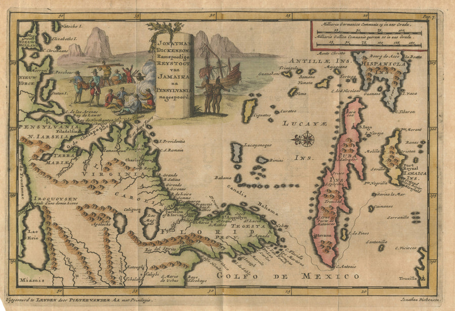 Jonathan Dickenson’s Romspoedige Reystogt van Jamaika By: Van Der Aa Date: 1707 (Published) Leiden Size: 6 x 9 inches - Antique, Map, East Coast, Caribbean, 