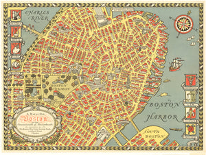 A Map of Old Boston ... By: Capron Date: 1929 (Dated) Boston Size: 18.25 x 24.5 inches - vintage, map, Boston, New England, Massachusetts, East Coast