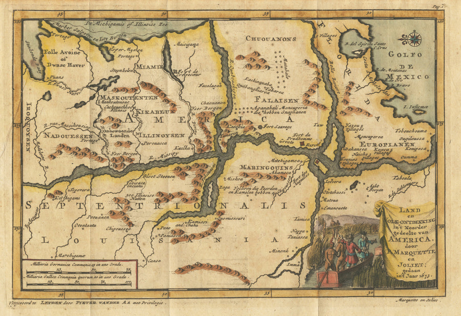 1707 Land en Volk-ontdekkingint Noorder gedeelte van America door P. Marquette en Joliet; gedaan int Jaar 1673