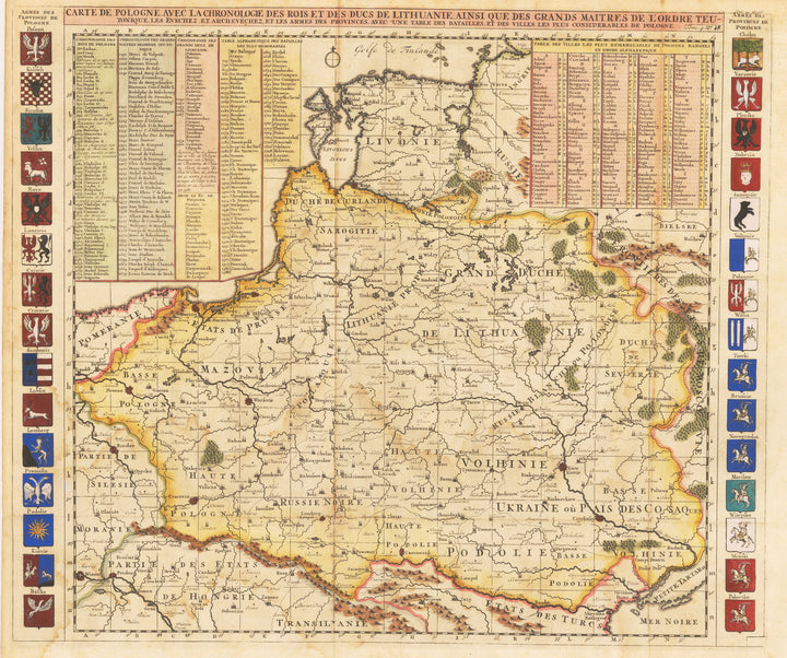 Carte De Pologne Avec La Chronologie Des Rois Et Des Ducs De Lithuanie, Ainsi Que Des Grands Maitres De L'Ordre Teutonique Les Evechez et Archeveches, et Les Armes Des Provinces… 