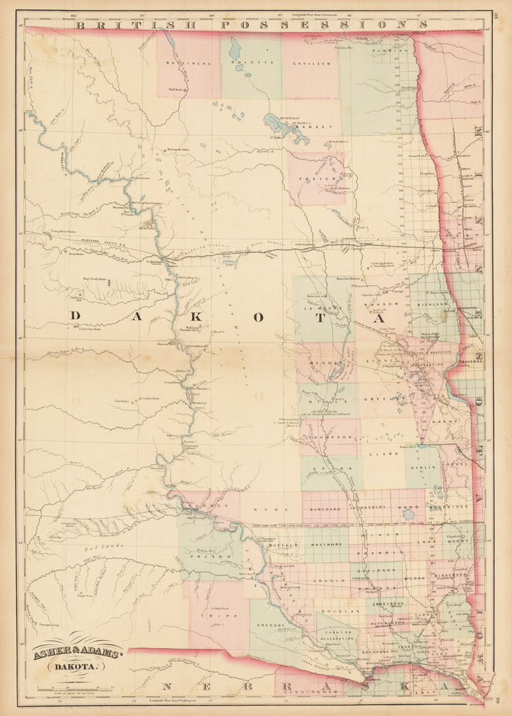 Asher & Adams’ Dakota  By: Asher and Adams Date: 1874 (Published) New York Size: 23 x 16 in - antique, map, dakota, asher and adams, north dakota, south dakota