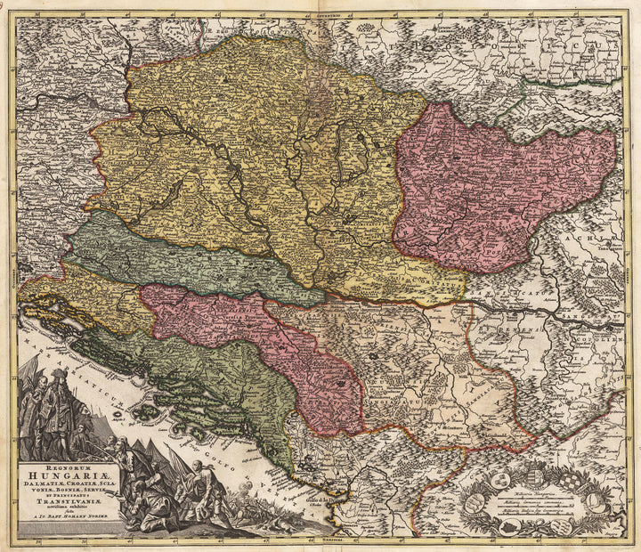 Regnorum Hungariae, Dalmatiae, Croatiae, Sclavoniae by: Homann 1716 - Antique Map Dalmatian Coast, Croatia, Slovakia, Bosnia, Serbia