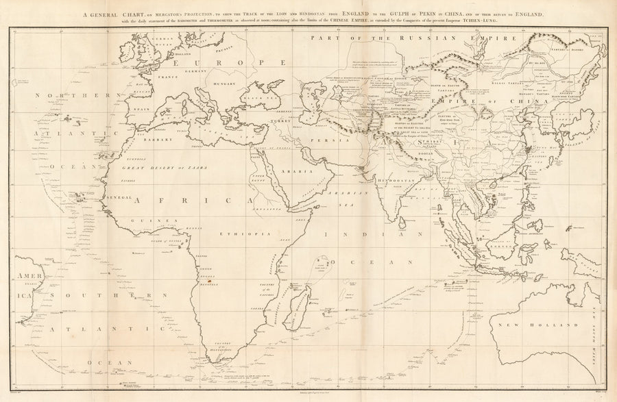 A General Chart on Mercator’s Projection, to Shew the Track of the Lion and Hindostan from England to the Gulf of Pekin in China...