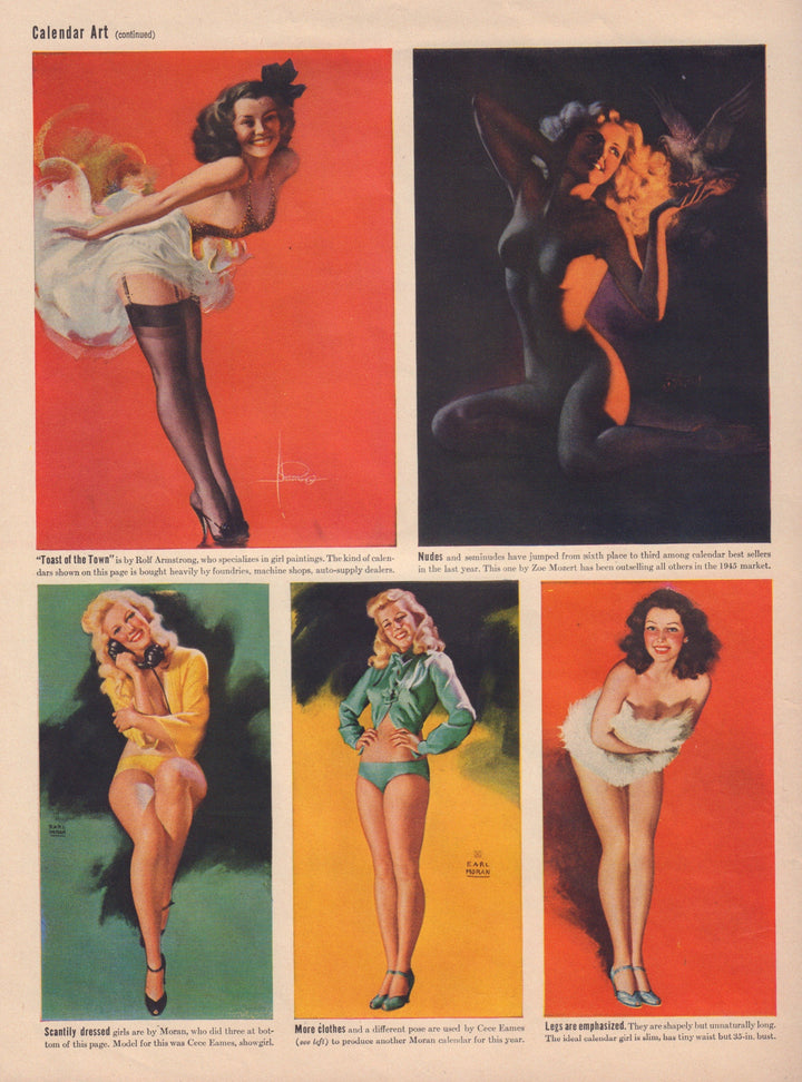 1940s Print Advertisement: Calendar Girls by Rolf Armstrong, Zoe Mozert, and Earl Moran