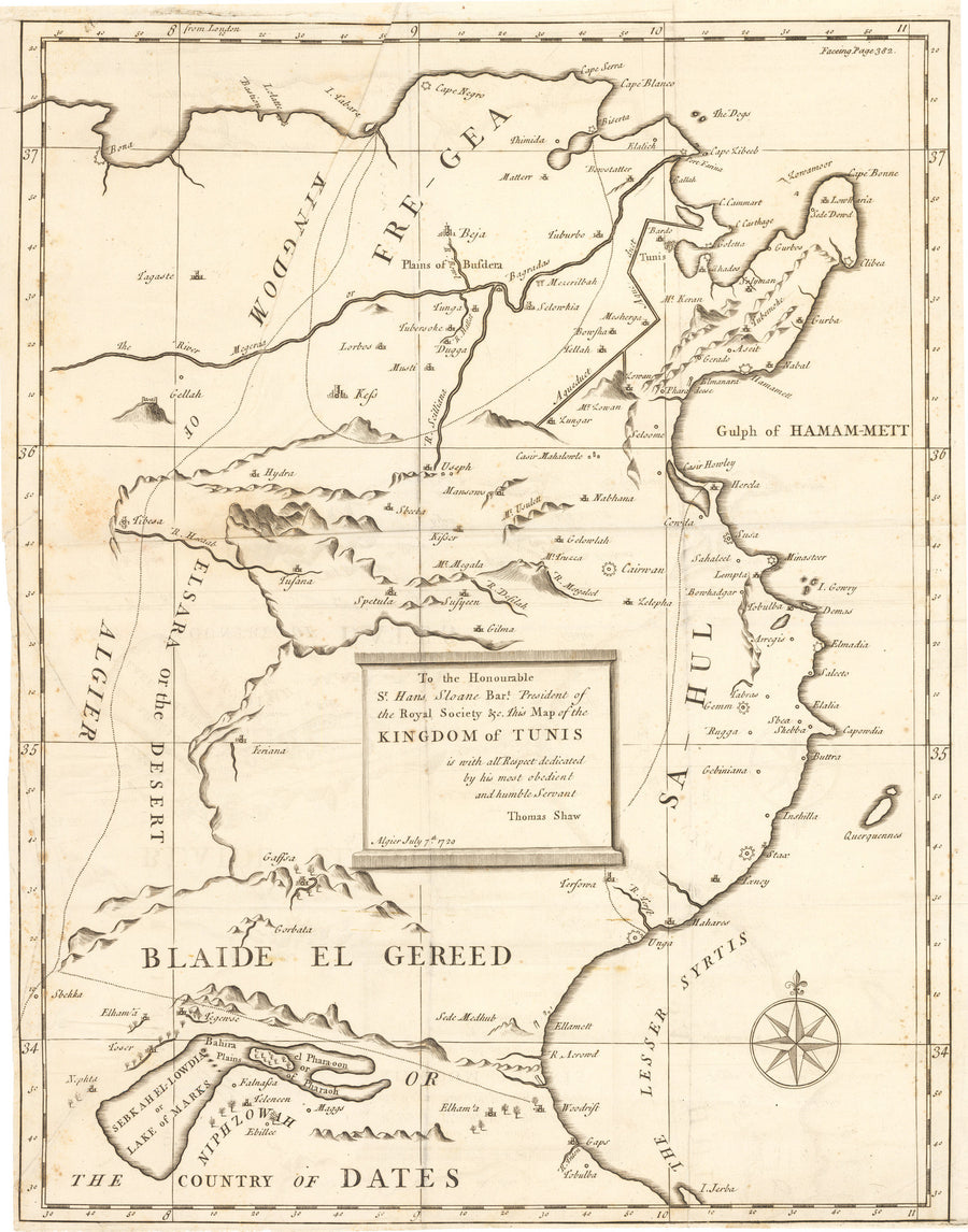 Antique Map Kingdom of Tunis By: Thomas Shaw Date: 1729