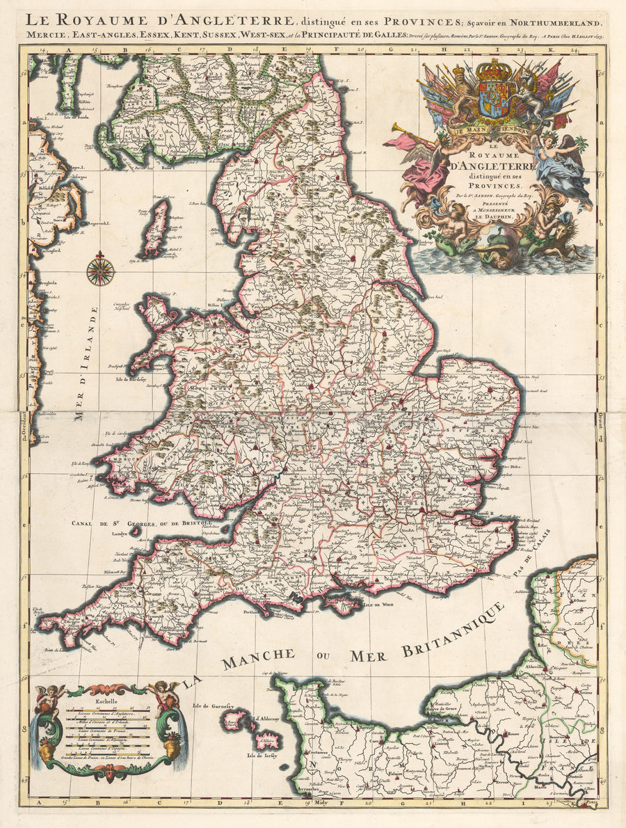 Le Royaume d’Angleterre, distingue enses Provinces; Scavoir en Northumberland, Mercie, East-Angles, Essex, Kent Sussex, West-sex, et la Principaute de Galles. 
