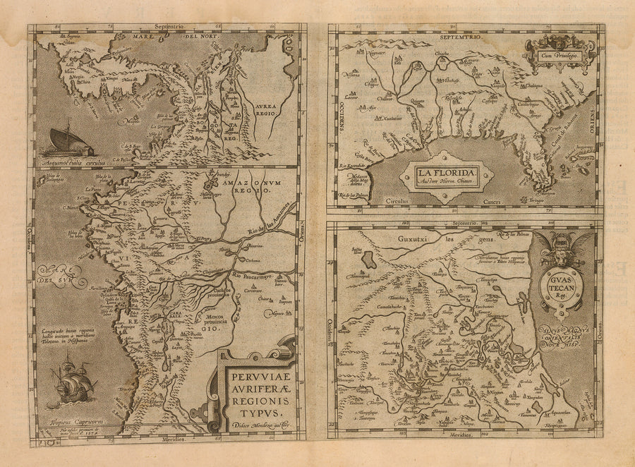Peruviae Auriferae Regionis Typus, La Florida, Guastecan Reg., 16th century, Ortellius, Louisiana, Gulf of Mexico, Spanish, old map, antique, vintage, print, engraving, map