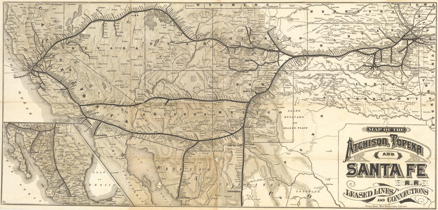 1885 Map of the Atchison, Topeka and Santa Fe R.R. Leased Lines and Connections