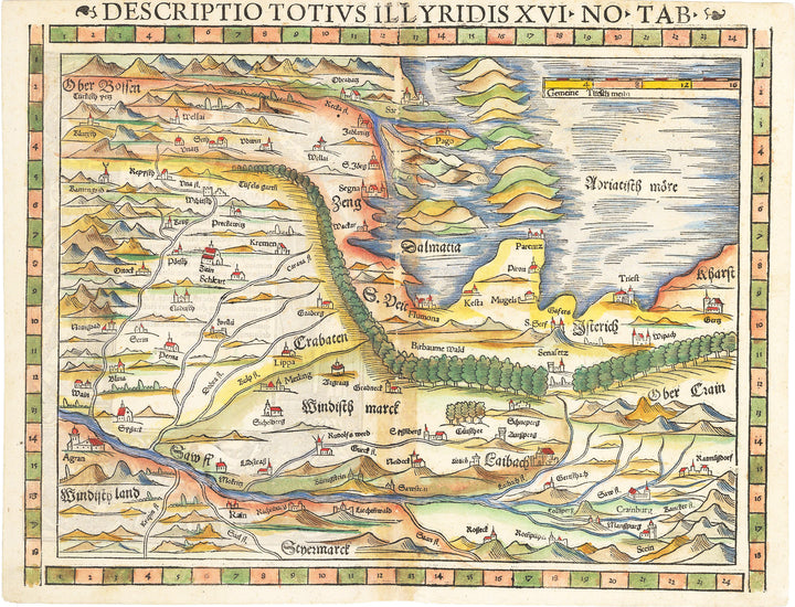 Descriptio Totius Illyridis XVI No Tab : Antique Map of Slovenia, Croatia, Dalmatian Coast by: Munster 1570 - nwcartographic.com